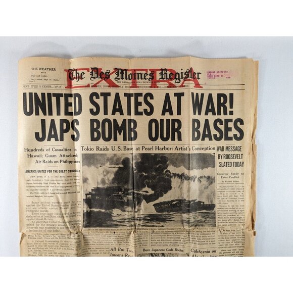 ORIGINAL! WWII Dec 8, 1941 newspaper Japan attacks Pearl Harbor, US DECLARE WAR! - Picture 4 of 16